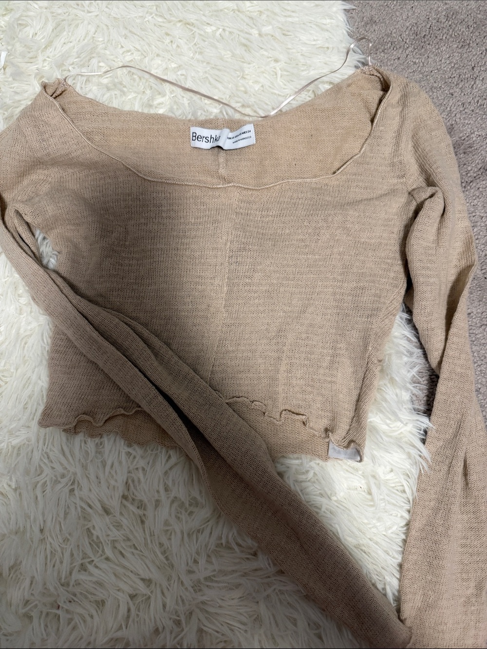 Bershka Beige Ribbed Long-Sleeve Crop Top